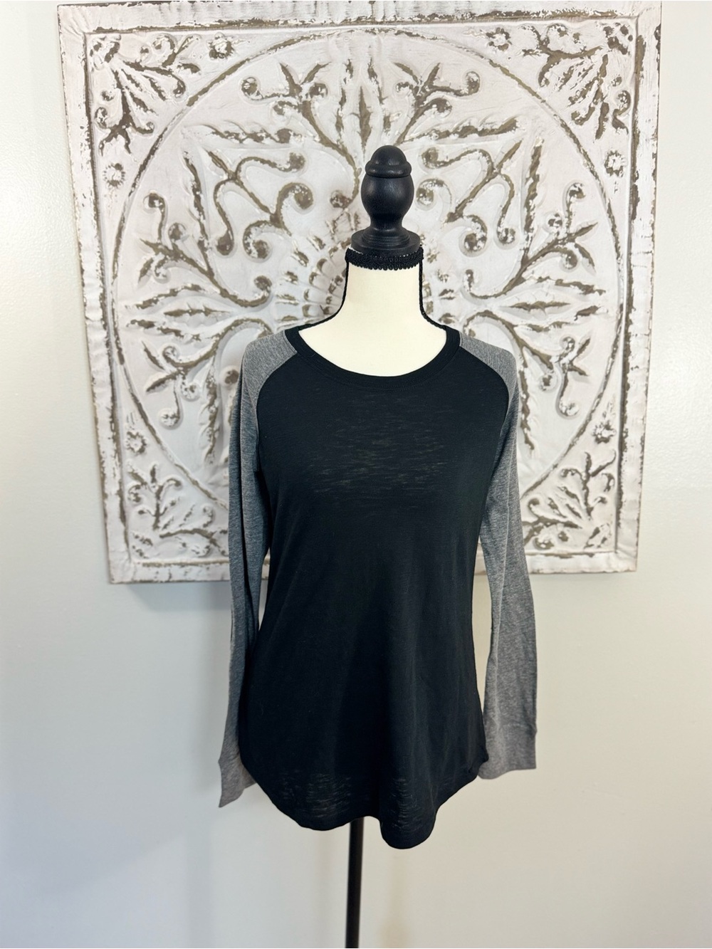 Boxercraft M Black Gray Raglan Long Sleeve Tunic Tee Contrast Sleeve Casual